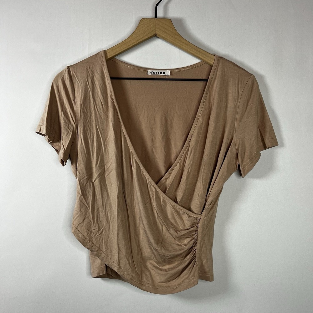 Vetior Top Women Sz Large Tan Beige V-Neck Wrap Front Short Sleeve‎ Blouse Modal